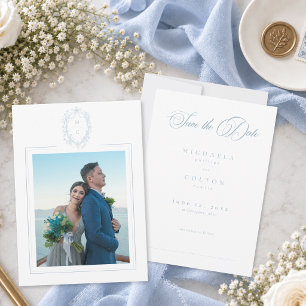 Klassieke Vintage Blauwe Bloemenkrans Trouwfoto Save The Date