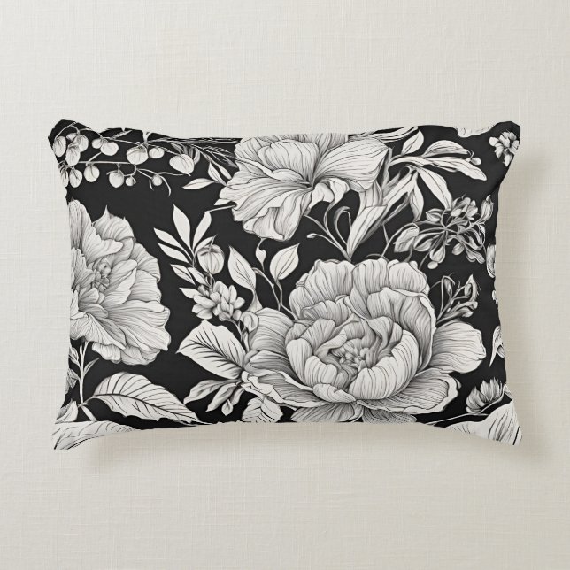 Klassieke Vintage Bloem Zwart en Wit Accent Kussen (Voorkant)