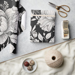 Klassieke Vintage Bloem Zwart en Wit Cadeaupapier