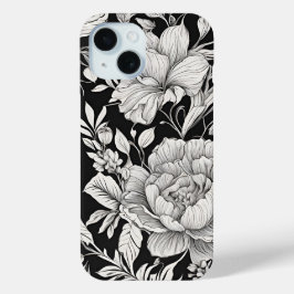 Klassieke vintage bloem zwarte en witte iPhone 15 case