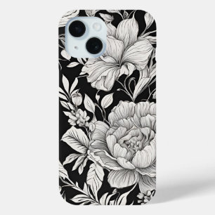 Klassieke vintage bloem zwarte en witte iPhone 15 case