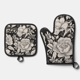Klassieke vintage bloemen zwart en wit ovenwant & pannenlap set