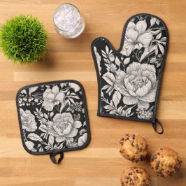 Klassieke vintage bloemen zwart en wit ovenwant & pannenlap set