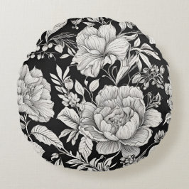 Klassieke Vintage Bloemen Zwart en Wit Rond Kussen