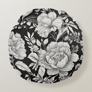 Klassieke Vintage Bloemen Zwart en Wit Rond Kussen