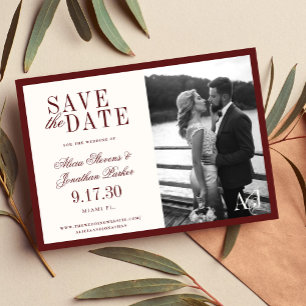 Klassieke vintage bordeaux ivoor foto trouw save the date
