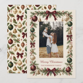 Klassieke Vintage Botanische Krans Kerst Foto Feestdagenkaart
