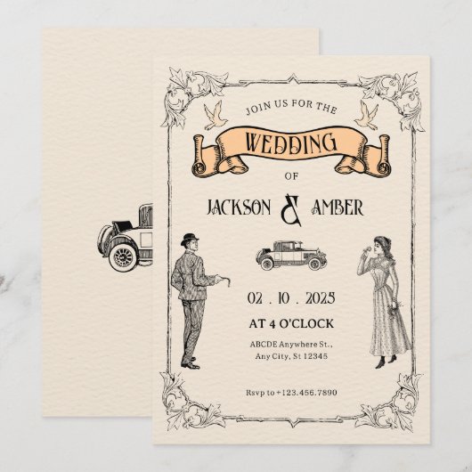 Klassieke vintage bruiloft kaart (Voorkant / Achterkant)