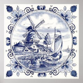 Klassieke Vintage Chic Nederlandse Windmolen Delft Poster