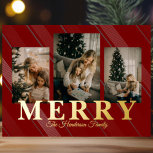 Klassieke Vintage Gingham Kerstkaart met 3 foto's Folie Feestdagen Briefkaart