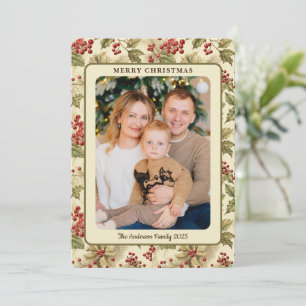 Klassieke Vintage Hulstbessen Foto Kerstmis Feestdagenkaart