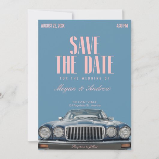 Klassieke vintage huwelijksauto save the date (Voorkant)