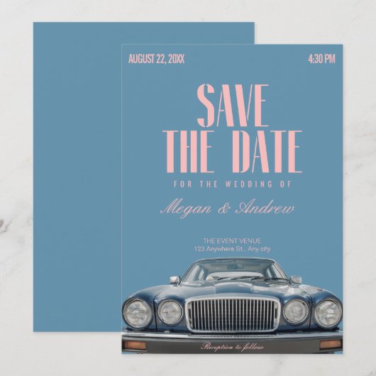 Klassieke vintage huwelijksauto save the date (Voorkant / Achterkant)