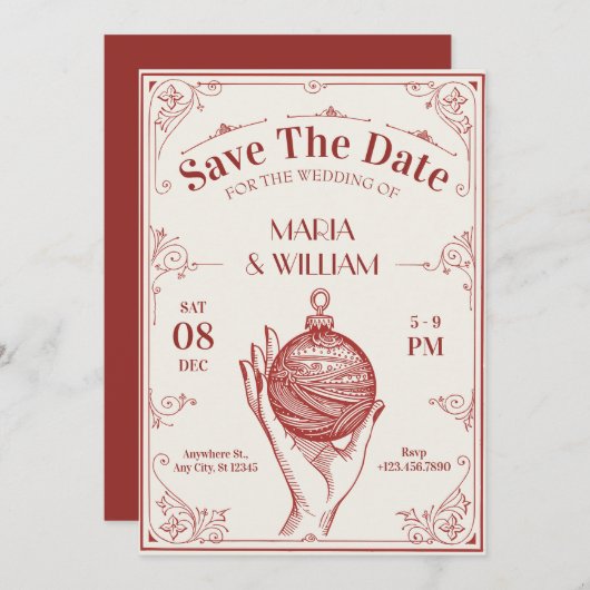 Klassieke Vintage kerst bruiloft Save The Date (Voorkant / Achterkant)