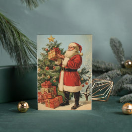 Klassieke Vintage Kerstman Versierde Kerstboom Feestdagenkaart