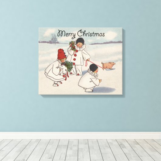 Klassieke Vintage Kerstmis Sneeuwkind Canvas Afdruk (Insitu (Houten vloer))