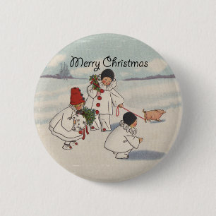 Klassieke Vintage Kerstmis Sneeuwkind Ronde Button 5,7 Cm
