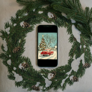 Klassieke Vintage Rode Auto Kerstboom Dorp Feestdagenkaart