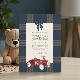 klassieke vintage rode speelgoedauto rsvp qr code kaart