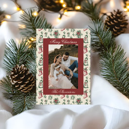 Klassieke Vintage Rode Toile De Jouy Foto Kerstmis Feestdagenkaart