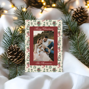 Klassieke Vintage Rode Toile De Jouy Foto Kerstmis Feestdagenkaart