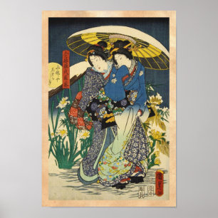 Klassieke vintage ukiyo-e twee geisha's met parapl poster