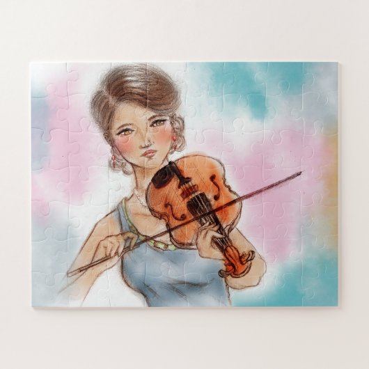 Klassieke Violin Lady, roze en blauwe  kunst Legpuzzel (Horizontaal)