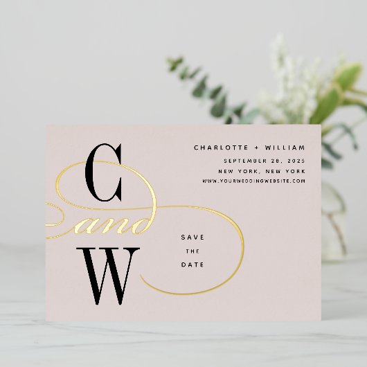 Klassieke Vlurige Folie Monogram sparen de Kaart v (Staand Voorkant)