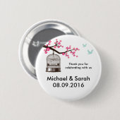 Klassieke vogelkooi en roze bloem Dank u Button (Voorkant /achterkant)