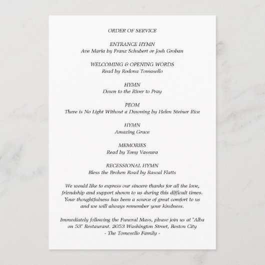 Klassieke volgorde van service begrafenisfoto plat programmakaart (Achterkant)