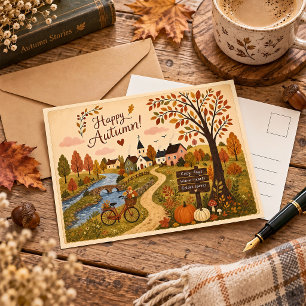Klassieke Volkskunst Herfst Cottage Dorp Groet Briefkaart