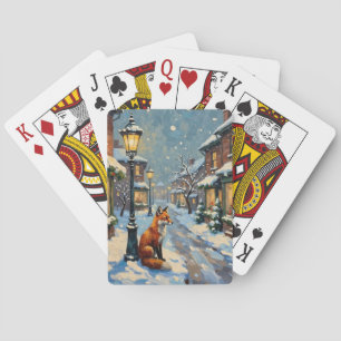 Klassieke vos onder gaslamp in besneeuwde Kerstmis Pokerkaarten