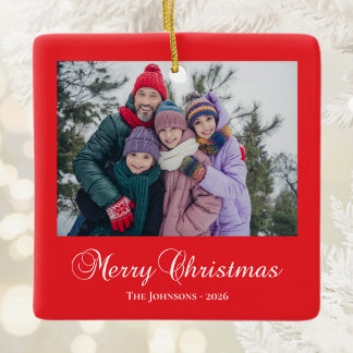 Klassieke vrolijke kerst kalligrafie foto rood keramisch ornament