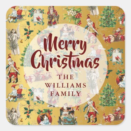 Klassieke vrolijke kerst met gouden familienaam vierkante sticker (Voorkant)