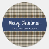 Klassieke Vrolijke Kerstmis Plaid Blauw Wit Ronde Sticker (Voorkant)