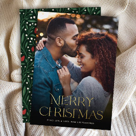 Klassieke Vrolijke Kerstmis Tekst Bloemen Terug | Folie Feestdagenkaart