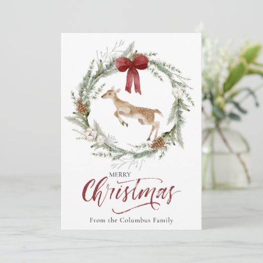Klassieke Vrolijke Kerstmis Winter Dierenkrans Fot Feestdagenkaart (Staand voorkant)