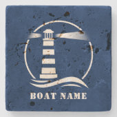 Klassieke vuurtoren met uw bootnaam op blauw stenen onderzetter (Voorkant)