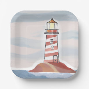 Klassieke vuurtoren   Oceaan kust aquarel Papieren Bordje