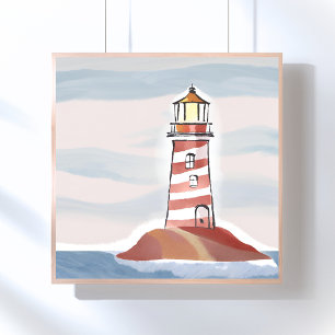 Klassieke Vuurtoren   Oceaan Kust Waterverf Poster