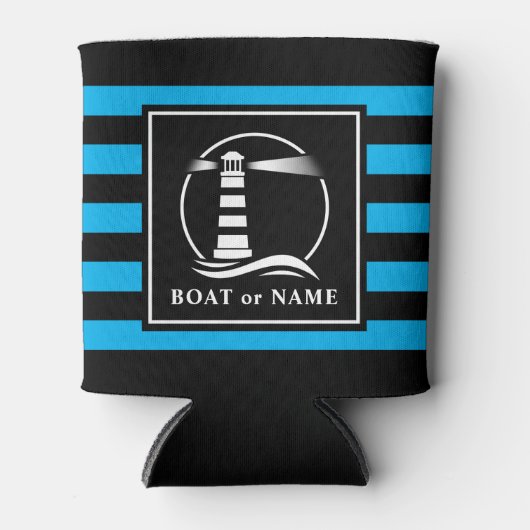 Klassieke Vuurtorenboot of Naam Blauw Gestreept Blikjeskoeler (Voorkant)