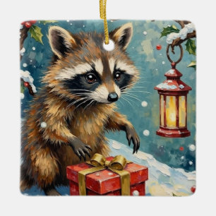 Klassieke Wasbeer Opent Kerstcadeau Doos Kunst Keramisch Ornament