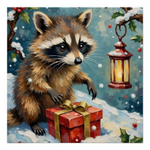 Klassieke Wasbeer Opent Kerstcadeau Doos Kunst Perfect Poster