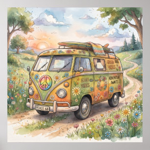 Klassieke watercolor camperbus roadtrip kunst poster