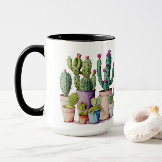 Klassieke waterverf cactussen cactus vetplanten in mok (Met donut)