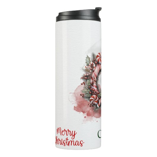 Klassieke Waterverf Candy Cane Kerstkrans Thermosbeker (Gedraaid links)