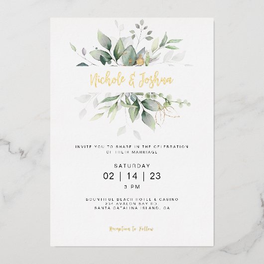 Klassieke Waterverf Eucalyptus Weddenschap Calligr Folie Uitnodiging (Voorkant)