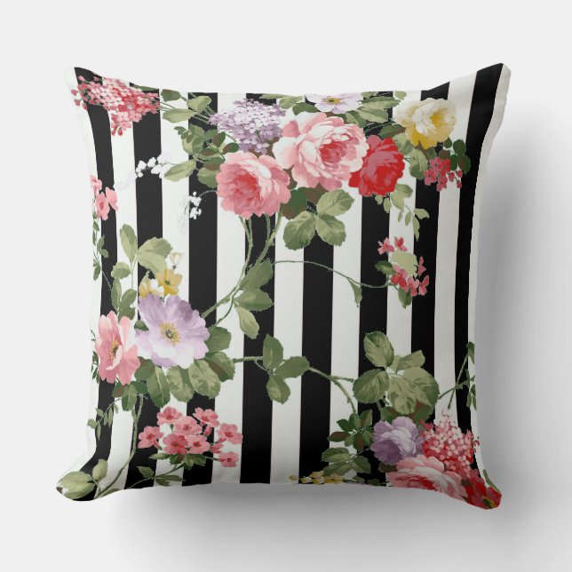 Klassieke Waterverf Floral Black Stripe Kussen (Voorkant)