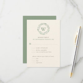 Klassieke waterverf groene krans monogram met maal RSVP kaartje