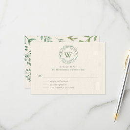 Klassieke waterverf groene krans monogram RSVP kaartje